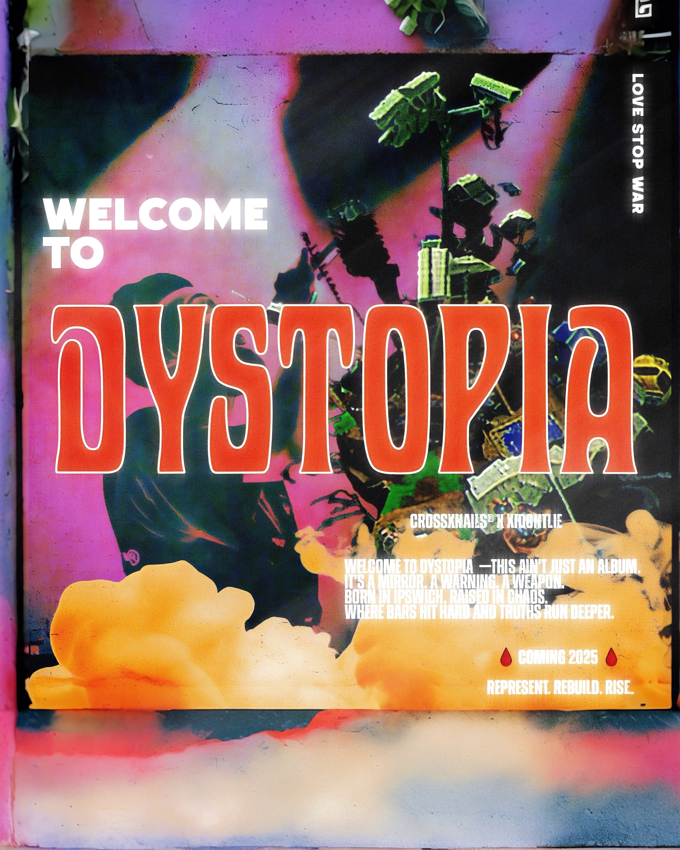 Close-up of DYSTOPIA collection graphic print  dystopian - streetwear UK collaboration
